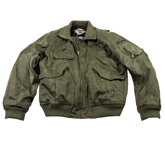 Harley-Davidson Green Pocket Bomber Jacket Embroidered Quilted Lined Armor Sz XL